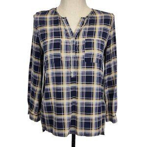 Joie Nepal Plaid Silk Popover Blouse M Long Sleeve Blue Yellow White Lightweight